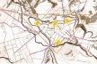 Desenhos sobre cartas da capital de São Paulo de 1842, realizados por De Bem, 2002. Na colina histórica estão demarcados os edifícios aglutinadores dos traçados das ruas