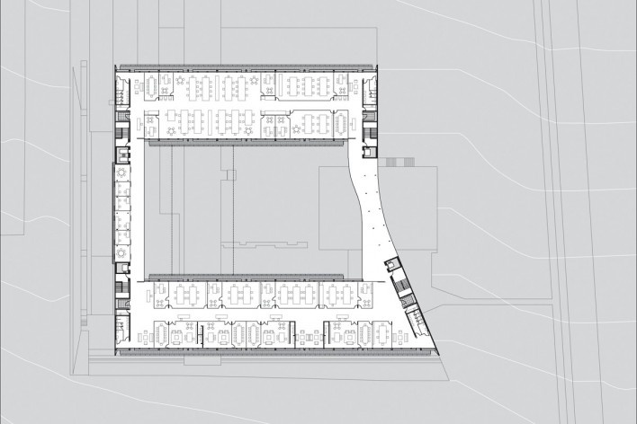 Sede do Sebrae Nacional, planta pavimento 2 – nível 1073,55, Brasília DF, 2010. Arquitetos Alvaro Puntoni, Luciano Margotto, João Sodré e Jonathan Davies