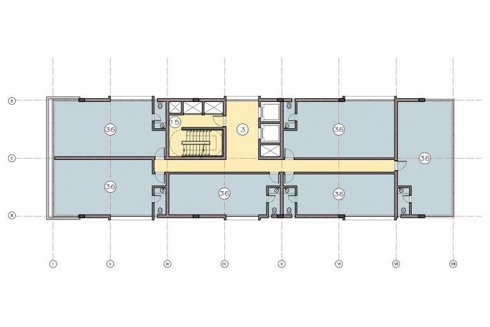 Nova Sede da AACRT – Associação dos Aposentados da Companhia Riograndense de Telecomunicações, planta baixa pavimentos tipo de 4° ao 8° andares. Moojen & Marques Arquitetos Associados + Arquiteto Cláudio Ferraro, 2008<br />Desenho escritórios