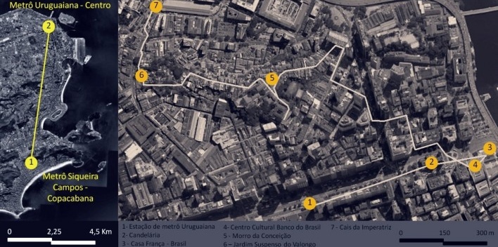Mapa do roteiro diurno da primeira parte da viagem de estudos ao Rio de Janeiro, 2012<br />Google Earth, com trabalho gráfico de Carina Cardoso 