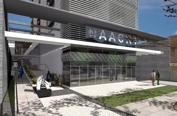 Nova Sede da AACRT – Associação dos Aposentados da Companhia Riograndense de Telecomunicações, perspectiva fachada principal – acesso térreo. Moojen & Marques Arquitetos Associados + Arquiteto Cláudio Ferraro, 2008<br />Desenho escritórios