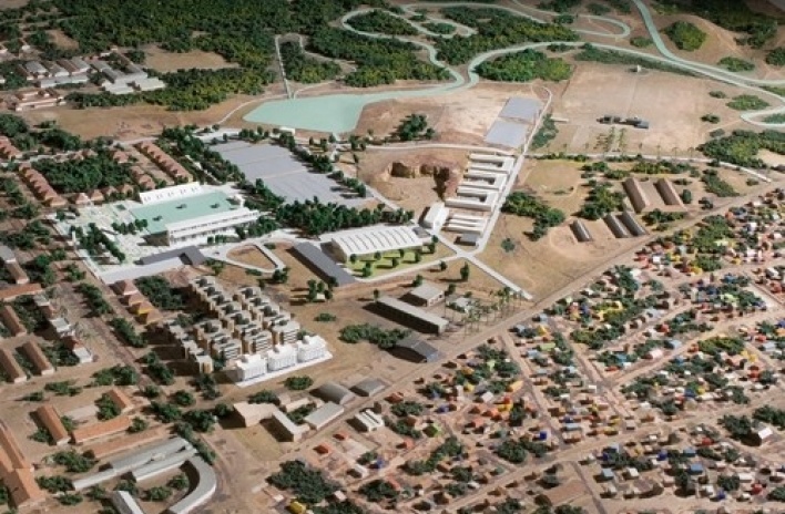 Vista aérea da maquete, em destaque o Centro de Hipismo<br />Imagem dos autores do projeto