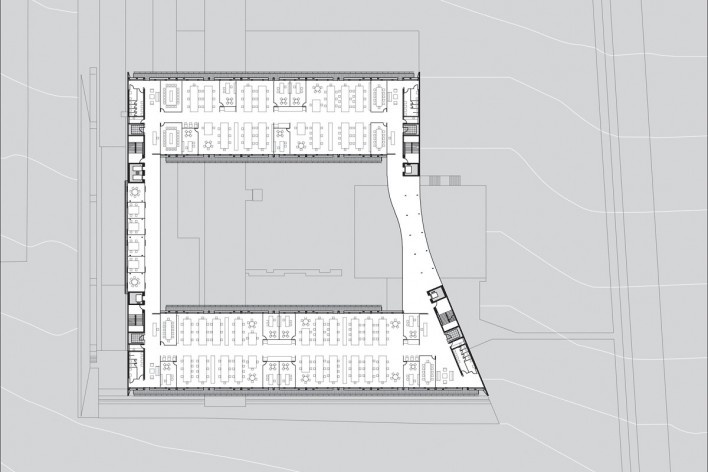 Sede do Sebrae Nacional, planta pavimento 1 – nível 1070,05, Brasília DF, 2010. Arquitetos Alvaro Puntoni, Luciano Margotto, João Sodré e Jonathan Davies