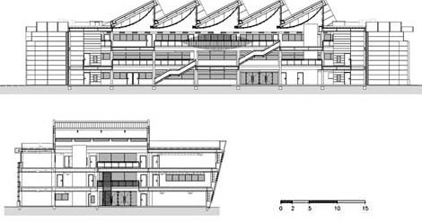 Biblioteca, cortes longitudinal e transversal<br />Imagem dos autores do projeto
