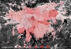 Processo de adensamento de São Paulo vista de uma foto de satélite (densidade adotada: 500 habitantes/hectar = upper east Manhattan)<br />Imagem dos autores do projeto