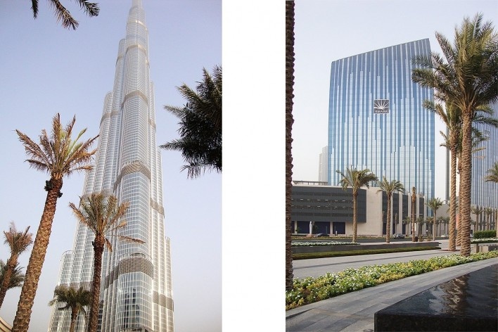 À esquerda, Burj Khalifa; à direita, Centro financeiro nos arredores do Burj Khalifa<br />Foto Luiz Gustavo Sobral Fernandes