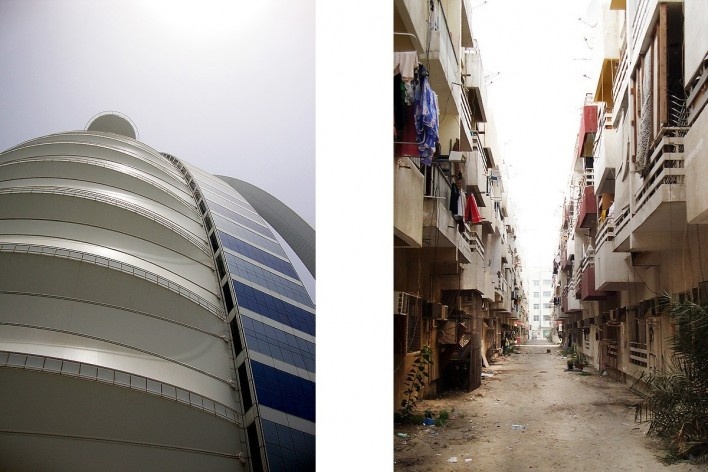 À esquerda, Hotel Burj Al Arab; à direita, alameda do bairro Al Karama, reduto de imigrantes Indianos e Filipinos<br />Foto Luiz Gustavo Sobral Fernandes