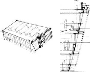 Biblioteca, croquis e corte da fachada inclinada<br />Imagem dos autores do projeto