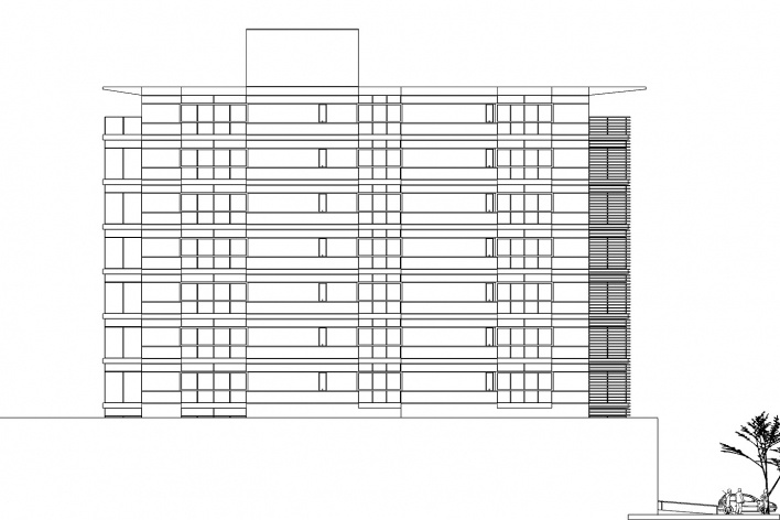 Nova Sede da AACRT – Associação dos Aposentados da Companhia Riograndense de Telecomunicações, fachada lateral sudeste. Moojen & Marques Arquitetos Associados + Arquiteto Cláudio Ferraro, 2008<br />Desenho escritórios