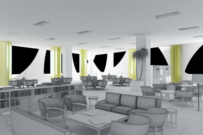 Vista interna - modelo sem renderização<br />Desenho do escritório