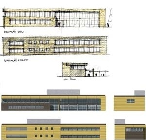 Edifício da Reitoria, croquis e elevações<br />Imagem dos autores do projeto
