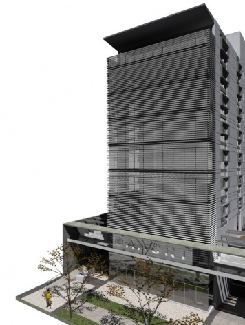Nova Sede da AACRT – Associação dos Aposentados da Companhia Riograndense de Telecomunicações, perspectiva fachada principal. Moojen & Marques Arquitetos Associados + Arquiteto Cláudio Ferraro, 2008<br />Desenho escritórios