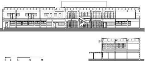 Edifício da Reitoria. Cortes longitudinal e transversal<br />Imagem dos autores do projeto