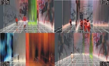 Vistas internas do labirinto virtual em diferentes horários com as projeções de vídeos sendo executadas<br />Imagem dos autores do projeto