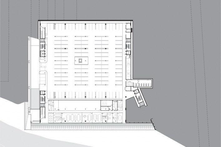 Sede do Sebrae Nacional, planta de subsolo – nível 1059,20, Brasília DF, 2010. Arquitetos Alvaro Puntoni, Luciano Margotto, João Sodré e Jonathan Davies