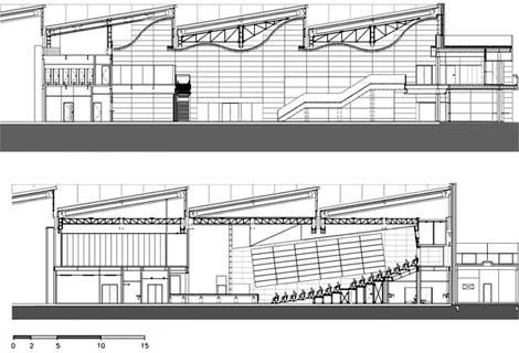 Edifício de Convenções. Cortes longitudinal do foyer e do auditório<br />Imagem dos autores do projeto