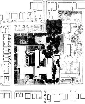 Concurso da “Faculté de l’Aménagement”, 1994. Painel de apresentação, projeto 3. Lemoyne Lapointe Magne, Lemay et associés Arch. et Urbanistes Marc Fauteux et associés, architectes-paysagistes [Laboratoire d’Étude de l’Architecture Potentielle.]
