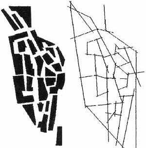 Diagramas: 1. G; espaços abertos segundo Hillier e Hanson; 2. G; mapa axial, segundo Hillier e Hanson