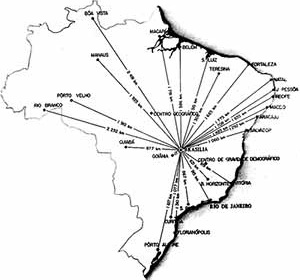 Mapa de las distancias lineares entre las capitales de los estados y Brasilia. Foto de Mário Fontenelle. Fonte da imagem: SCHWARTZ, Jorge (org.). Brasil 1920-1950: de la antropofagia a Brasilia. Valência, IVAM Centre Julio Gonzalez / Generalitat Valencia