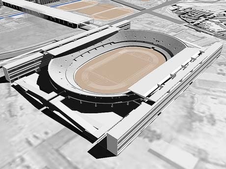 Figura 4 – Projeto Olímpico – Vila Olímpica e Estádio Olímpico: Paulo Mendes da Rocha e Equipe. Maquete eletrônica: Roberto Kleinn