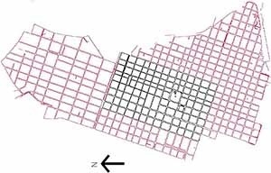 Tabuleiro: áreas central e adjacente. Nesta última começa a ser aplicado um código que altera a estrutura do espaço urbano.