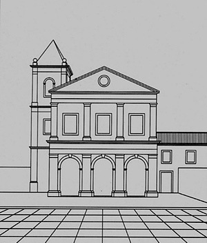 Possível fachada sincera da igreja franciscana de Cairu <br />Desenho Helena de Cássia Nogueira