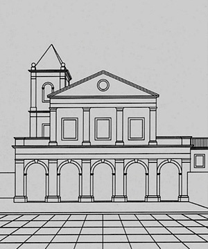 Possível fachada, sem decoração, da igreja franciscana de Cairu<br />Desenho Helena de Cássia Nogueira