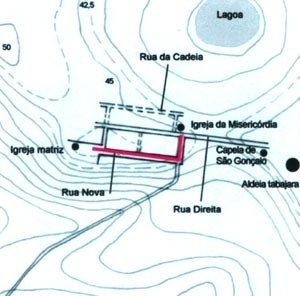 8. Provável traçado inicial da cidade da Parahyba. As igrejas matriz e da Misericórdia erguem-se nas extremidades de um dos principais eixos viários da urbe (indicado em vermelho) [Fig. 3]