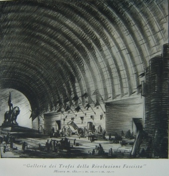 Galleria de troféus da revolução fascista. 180 x 10 x 10m. Auditórium, “progetti”. Op.Cit. Biblioteca Instituto Italiano di Cultura di Buenos Aires.