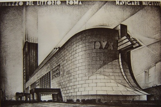 Perspectiva teórica de detalhe do Palazzo del Littorio. Milano, Rizzoli & C., 1934. Biblioteca Instituto Italiano di Cultura di Buenos Aires.