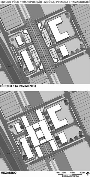 Operação Urbana Diagonal Sul. Plano-Referência de Intervenção e Ordenação Urbanística. Pólo estação/transposição: plantas térreo e superior<br />Imagem do arquivo de SEMPLA/PMSP