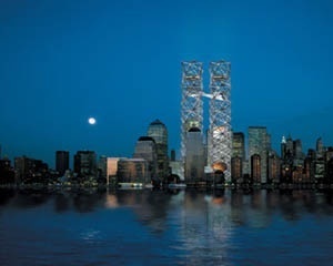  Concurso para reconstrução do local do World Trade Center, THINK Design: Shigeru Ban, Frederic Schwartz, Ken Smith, Rafael Vinoly; Contributors: William Morrish, David Rockwell, Janet Marie Smith; Engineers: ARUP, Buro Happold, Jorge Schlaich [Lower Manhattan Development Corporation]