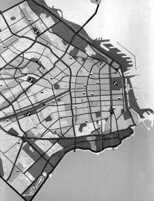 Plano Diretor de Buenos Aires, seção. Plano que incorpora diversas iniciativas prévias de projetos do Engenheiro Della Paolera e Le Corbusier, entre outros. Reprodução parcial, em preto e branco, a partir do plano colorido [MUNICIPALIDAD DE LA CIUDAD DE BUENOS AIRES, Organização do Plano Regulador. Buenos Aires:]