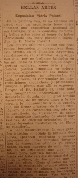 Notas sobre a inauguração da “Muestra Personal de arquitectura del Arq. Mario Palanti”. La Prensa 6 de noviembre de 1916. Biblioteca Dardo Rocha, Universidad Nacional de La Plata