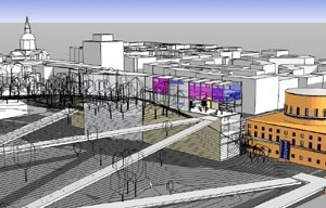 Em evidência, praça elevada do edifício “andaime” (janela urbana) e conexões pela colina