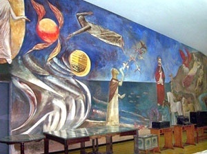 Educandário Dom Silvério, detalhe do afresco “A Criação do Mundo” de Emeric Marcier, no interior da antiga Capela São José, hoje utilizada como museu, Cataguases, 1954<br />Foto Marcia Poppe, 2003