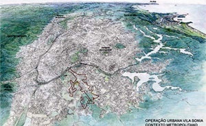 Operação Urbana Vila Sônia. Plano-Referência de Intervenção e Ordenação Urbanística. Posição e inserção metropolitana<br />Desenho V. Keating