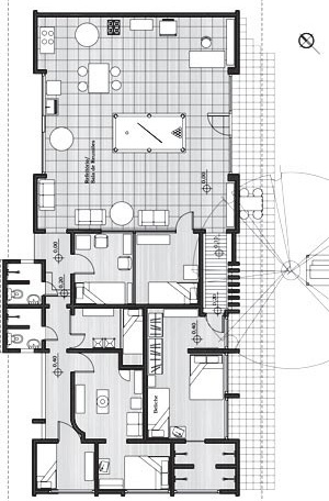 Desenho em planta do espaço de convívio e moradia do PE 2