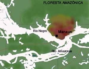 Figura 2 – Manaus, à margem esquerda do Rio Negro, próxima a confluência com o Rio Amazonas<br />Desenho Mirian Keiko Ito Rovo