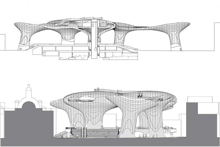 Metropol Parasol, elevações, Sevilha. J. Mayer H. Architects, 2004<br />Desenho J. Mayer H. Architects 